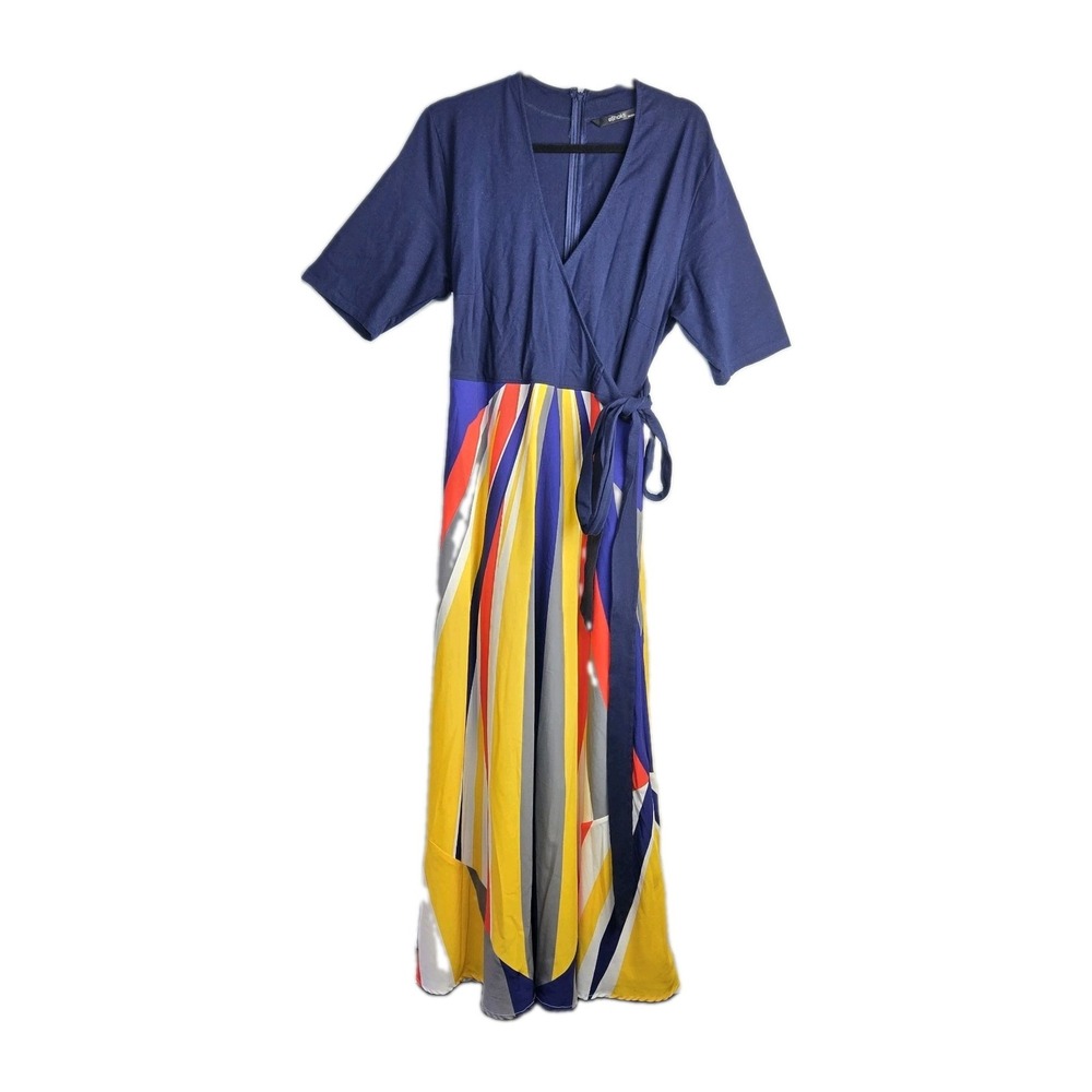 eShakti Colorblock Geo Print Maxi Dress 2X Colorful Fit Flare Faux Wrap Pockets